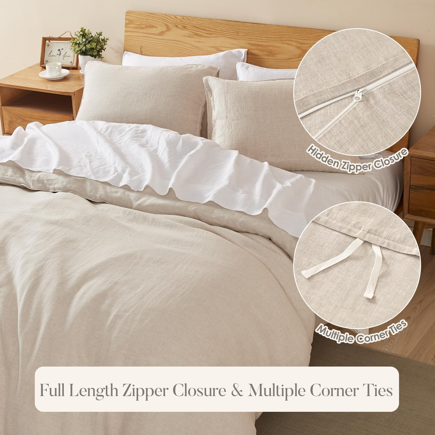 DAPU Pure Stone Washed Linen Duvet Cover Set 100% French Natural Flax(Natural Linen Full/Queen) image number 5