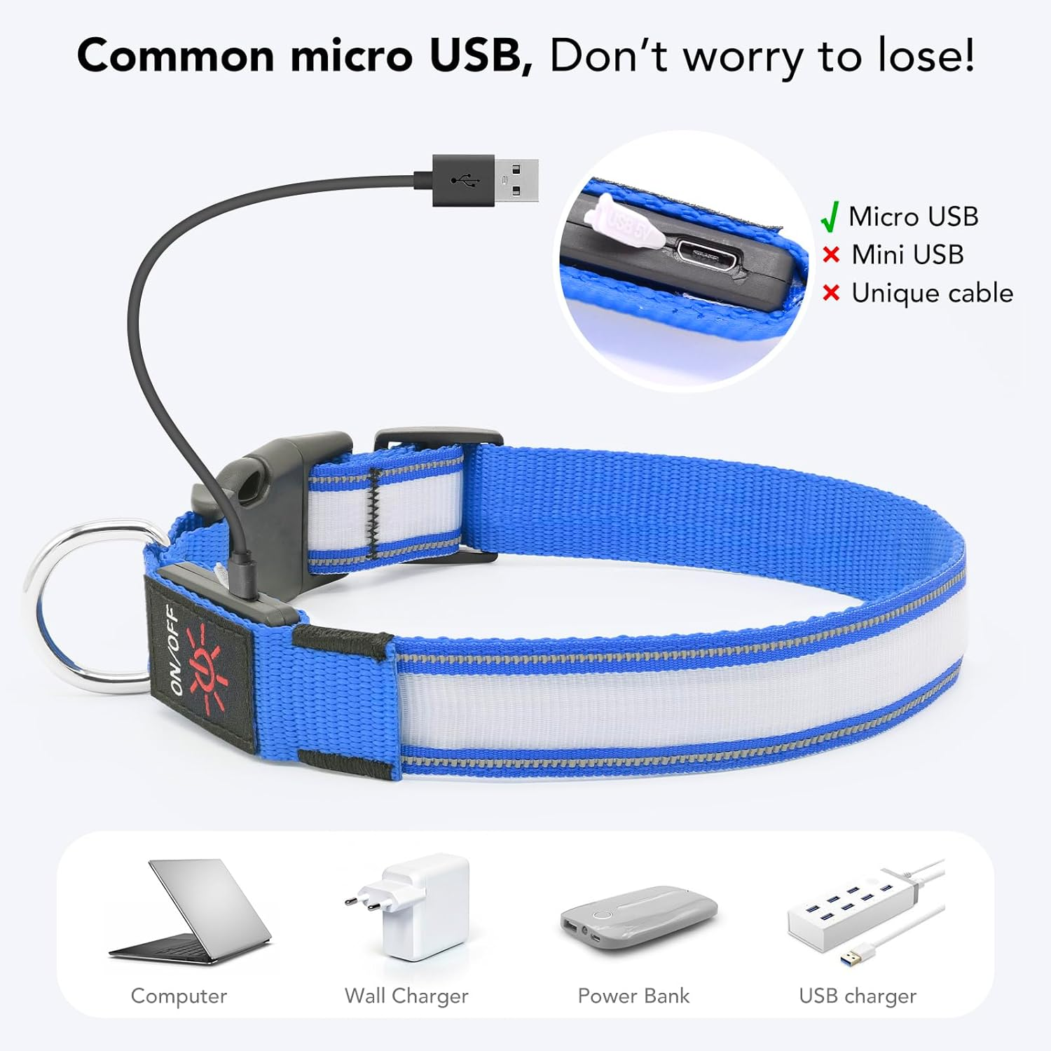 Pzrlit Light up Dog Collar Light Rechargeable, Fully Adjustable LED Dog Collar Waterproof, 3 Flashing Modes Glow Dark Dog Collars for Night Walking for Medium Large Dogs image number 5