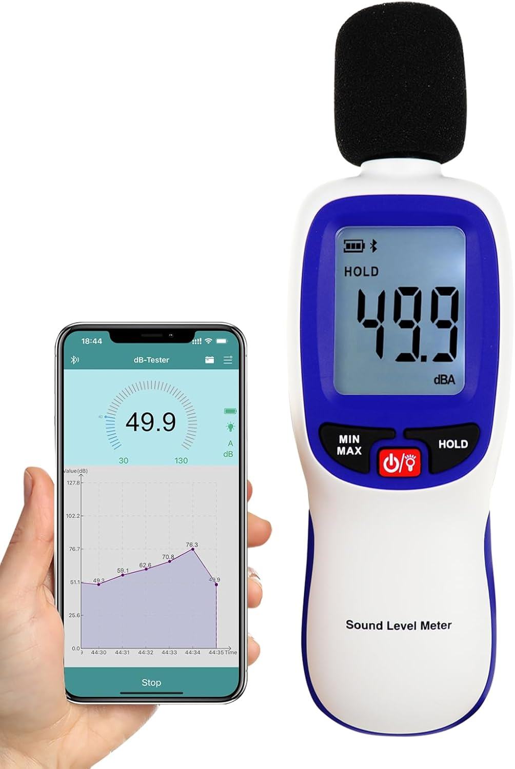 Decibel Meter Bluetooth Digital Sound Level Meter with APP Datalogger, 30-130Dba Wireless SPL Meter High Accuracy, 20,000 Records, Max/Min/Hold, Alarm &ndash; Noise Tester for Home, School, Factory and Etc.
