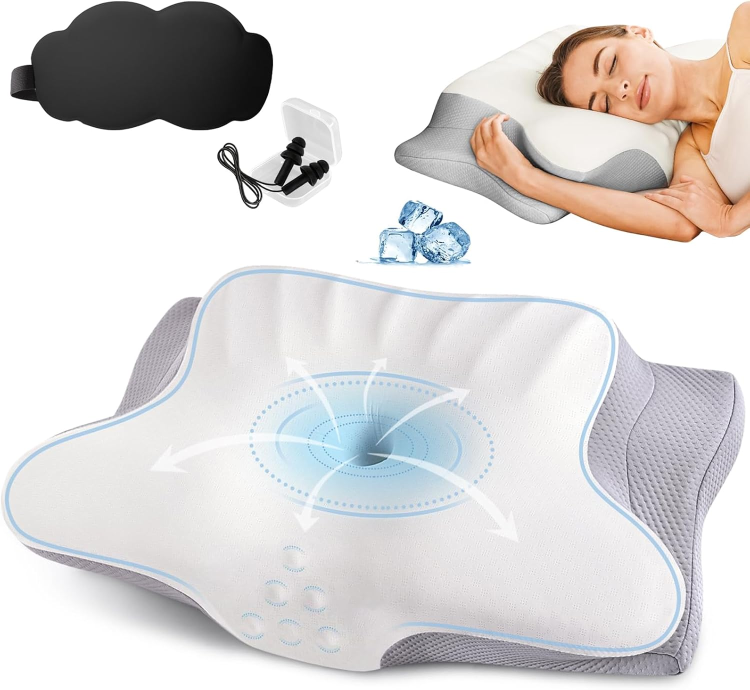 Cervical Neck Pillow Latex Orthopedic Ergonomic Pillows for Neck Pain Relief Side Sleeper Pillow for Neck Support Memory Foam Pillow for Side Back & Stomach Sleepers with Earplugs​ Sleep Mask