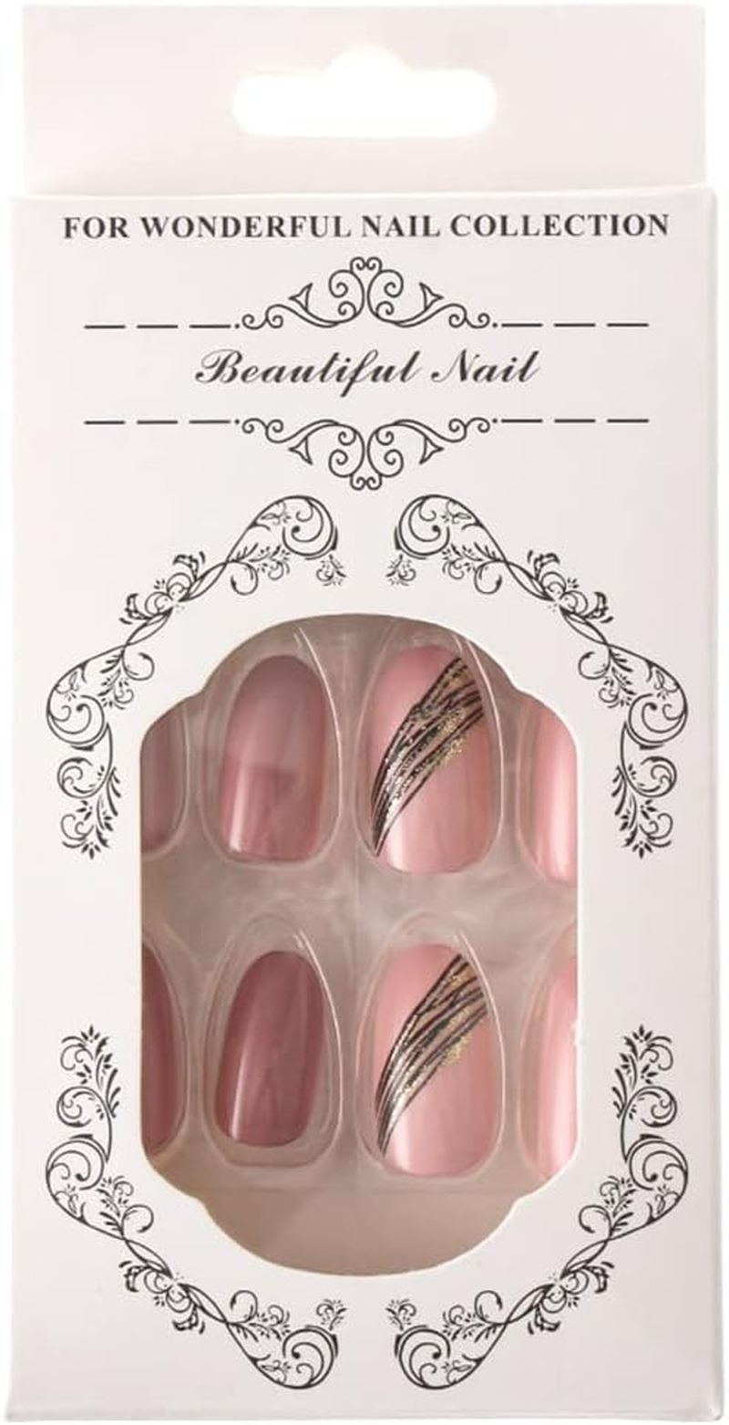 Almond Oblique Gold Thread French Designs 24 Pcs Cute Pointed Oval Shape Press on Nails Pink Full Coverage Short Length Fake False Nails, Art for Women and Girls Stick on Nails image number 3