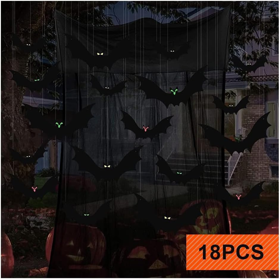 18 PCS Halloween Hanging Bat Decorations: Luminous Eyes & 3D Realistic Scary Styles, 3 Different Sizes Large Fake Black Flying Bats for Yard, Party, Indoor & Outdoor Lawn Decorations image number 2