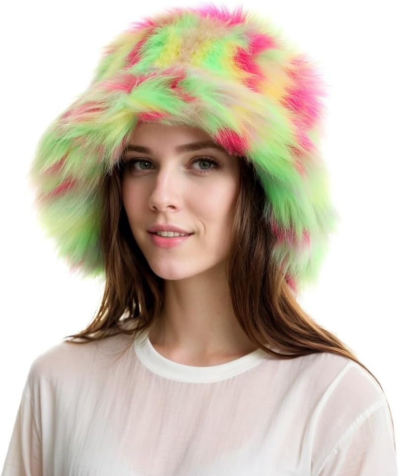 Tngan Rainbow Bucket Hat for Women Cute Faux Fur Fisherman Hat Fuzzy Winter Warm Cap Fluffy Hat for Outdoor Activities