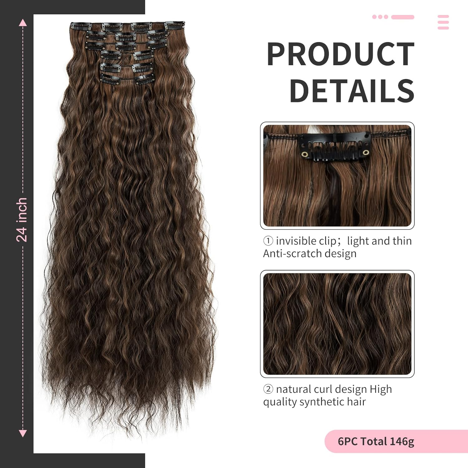 FLUFYMOOZ Clip in Hair Extensions,6Pcs Hair Extensions Long Mermaid Waves Wavy Synthetic Clip on Hairpiece for Women 24 Inch (Dark Brown with Highlights) image number 2