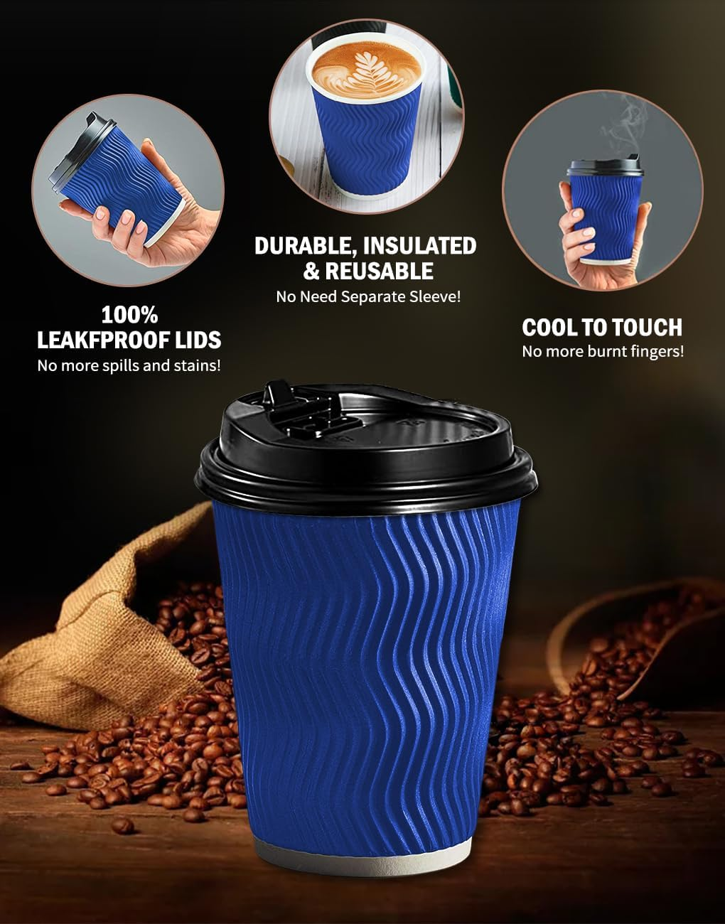 Vivva 12Oz 100 Pack Ripple Wall Paper Cups, Disposable Coffee Cups with Lids, to Go Paper Coffee Cups for Hot/Cold Beverages, Tea, Hot Chocolate, Juice. Ideal for Home, Restaurant, and Cafe (Blue) - Black - 8Oz image number 6