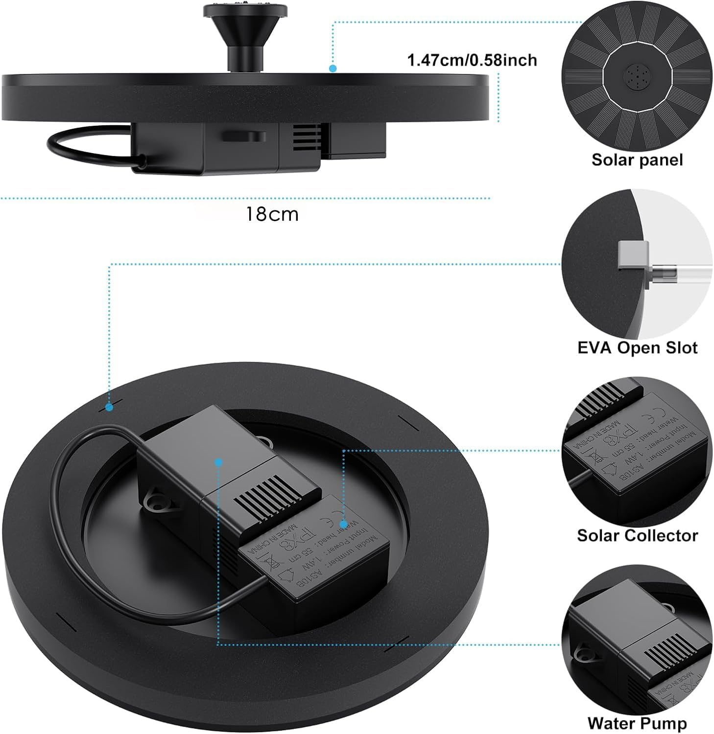 Jiaozoum Solar Water Fountains (18Cm),Solar Powered Bird Bath Fountain with 5 Nozzles - Free Standing Floating Solar Fountains for Bird Bath, Garden, Pond, Pool (Black-2.5W) image number 2