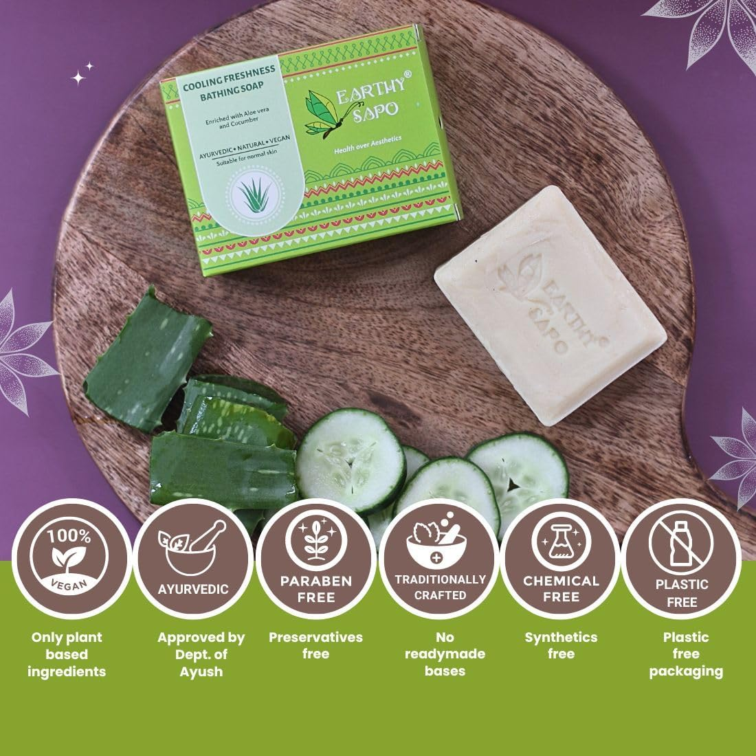 Earthy Sapo Handmade Cooling Freshness Bathing Soap (Alovera, Cucumber Soap), 100G image number 6