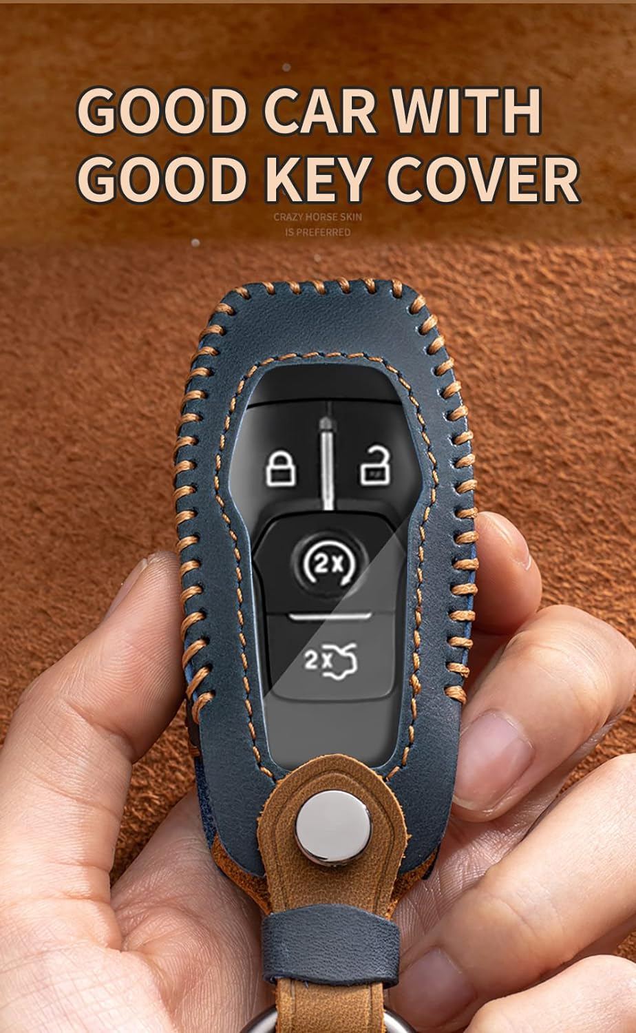 HIBEYO Leather Key Fob Cover for Ford F150 Explorer Mustang Fusion Edge Escape Mondeo Raptor F-250 F-350 F-450 F-550 Car Key image number 4