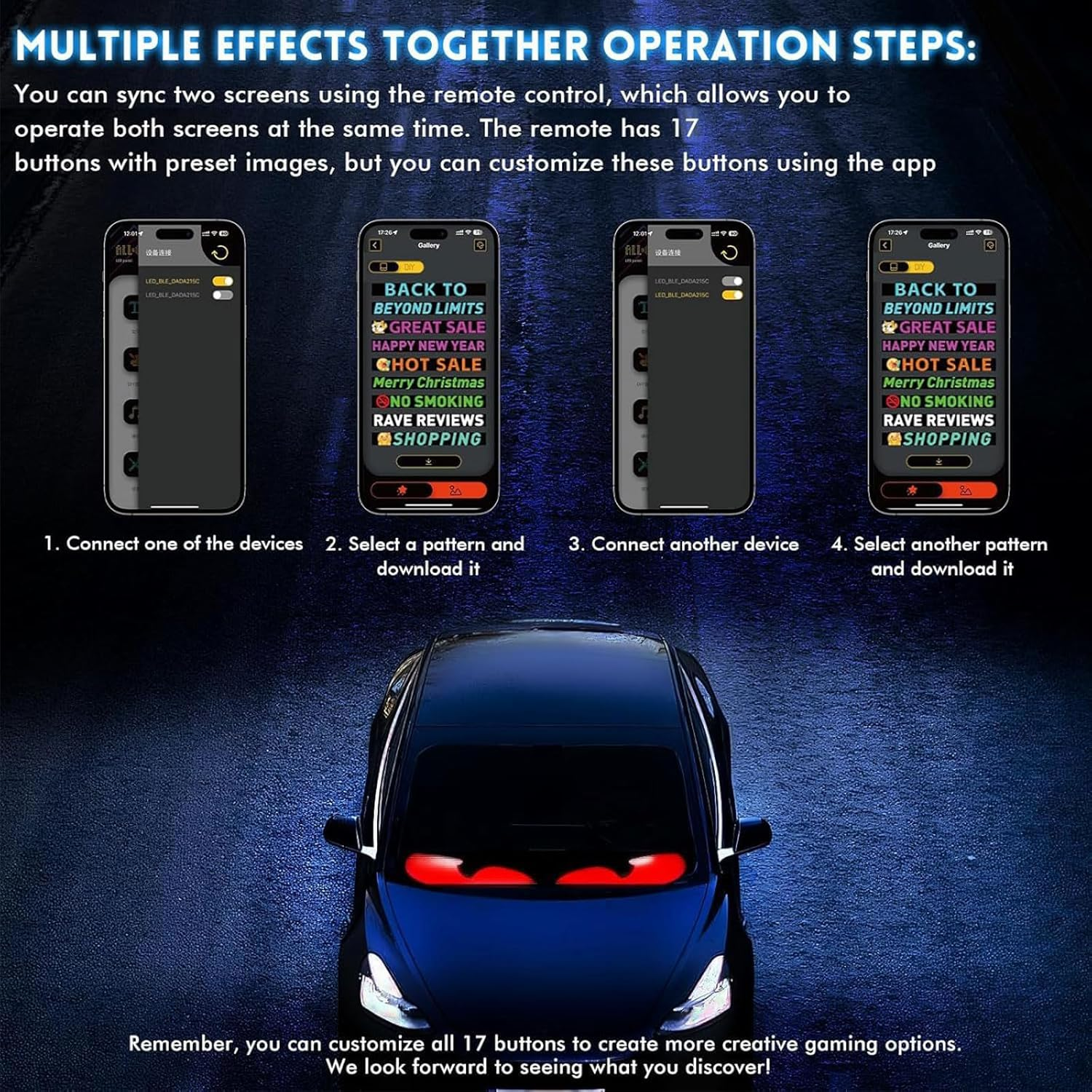 Homodoskey Devil Eyes Lights for Cars, 60X12Cm Programmable LED Eyes for Car/Truck Windshield, Flexible LED Display Screen Panel DIY Car Dynamic Smart Colorful Eye Lamp Soft Screen, 1Pack image number 5