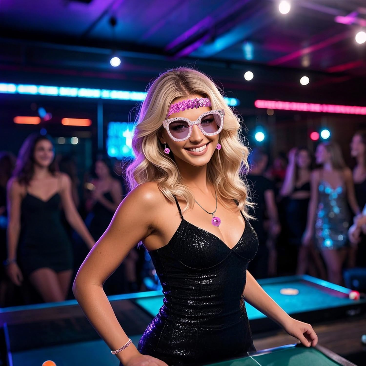 6 Pcs 70S Women Disco Accessories Disco Costume Jewelry Disco Sequin Scarf Headband Diamond Bracelet Ball Necklace Earring Glasses(Gold) - Black image number 4