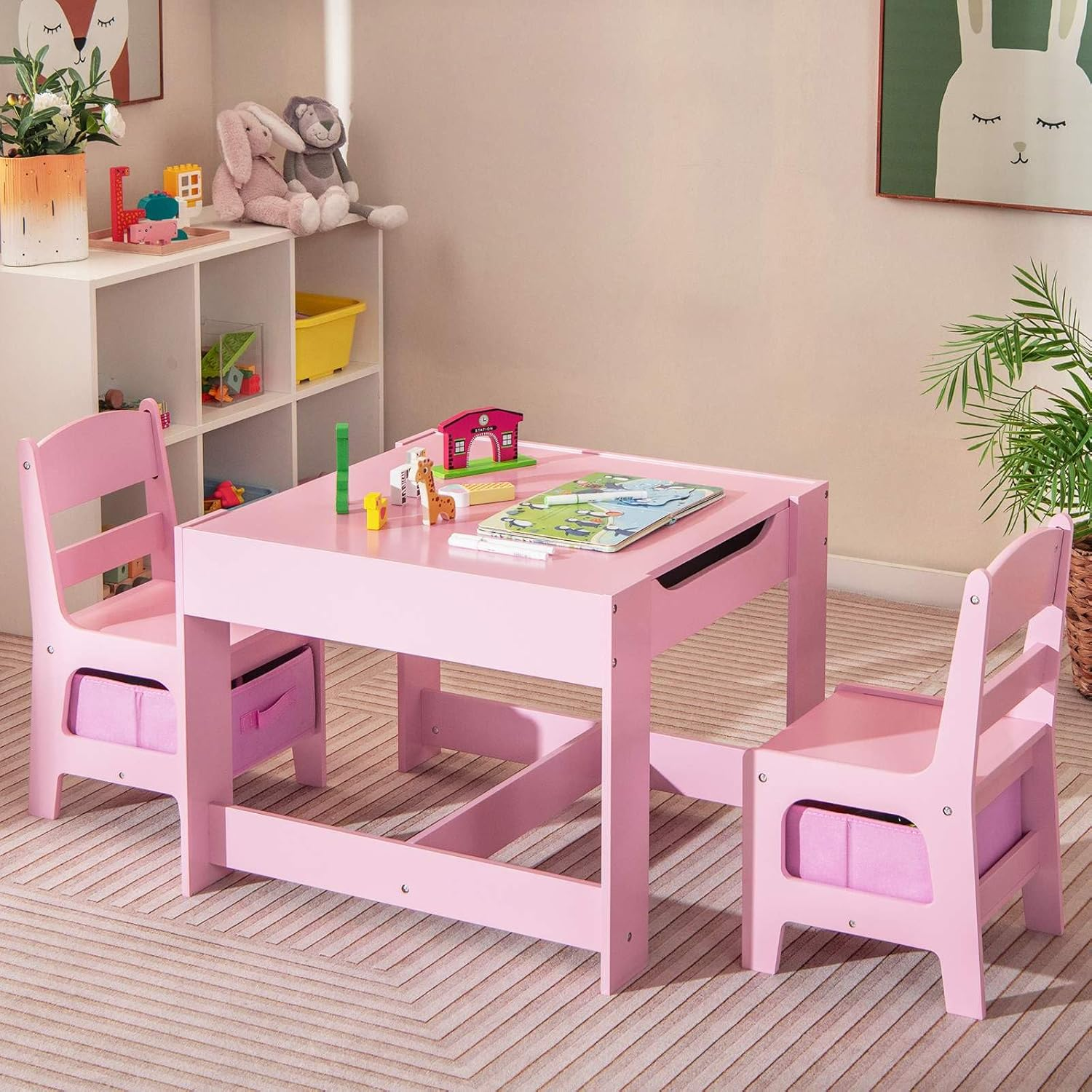 Costway Kids Table and Chairs Set, 3-Piece Kids Furniture Set, Kids Play Table and Chair Set, Toddler Table and 2 Chairs Set, Double Sided Kids Table, Children Activity Art Desk Set (Pink) image number 6