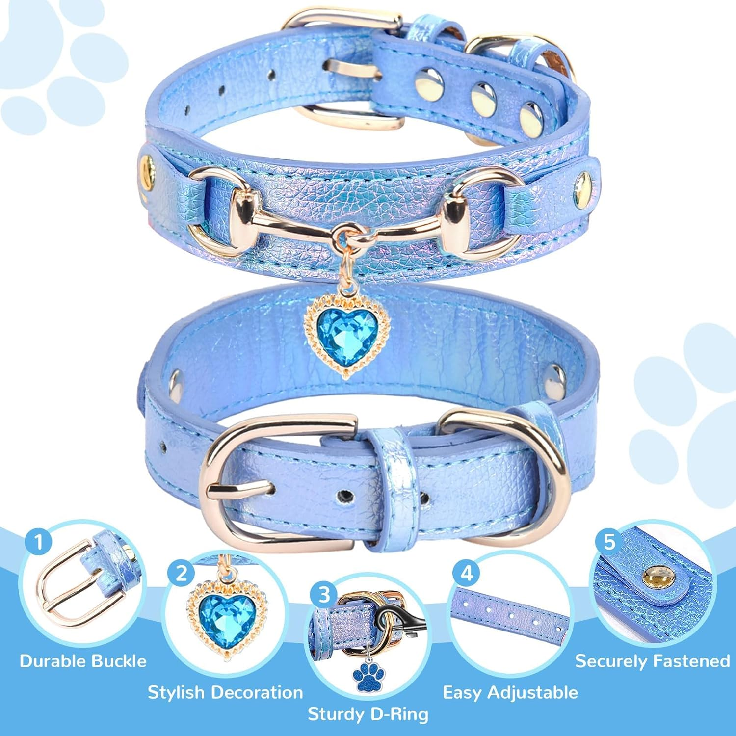 Cute Small Dog Cat Collar, Unique PU Leather - Bling Sparkle in the Sunlit, Puppy Collars with Rhinestone Heart Pendant, Pet Dog Necklace Collar Chihuahua (Blue, XS (Neck 8"-10")) image number 1