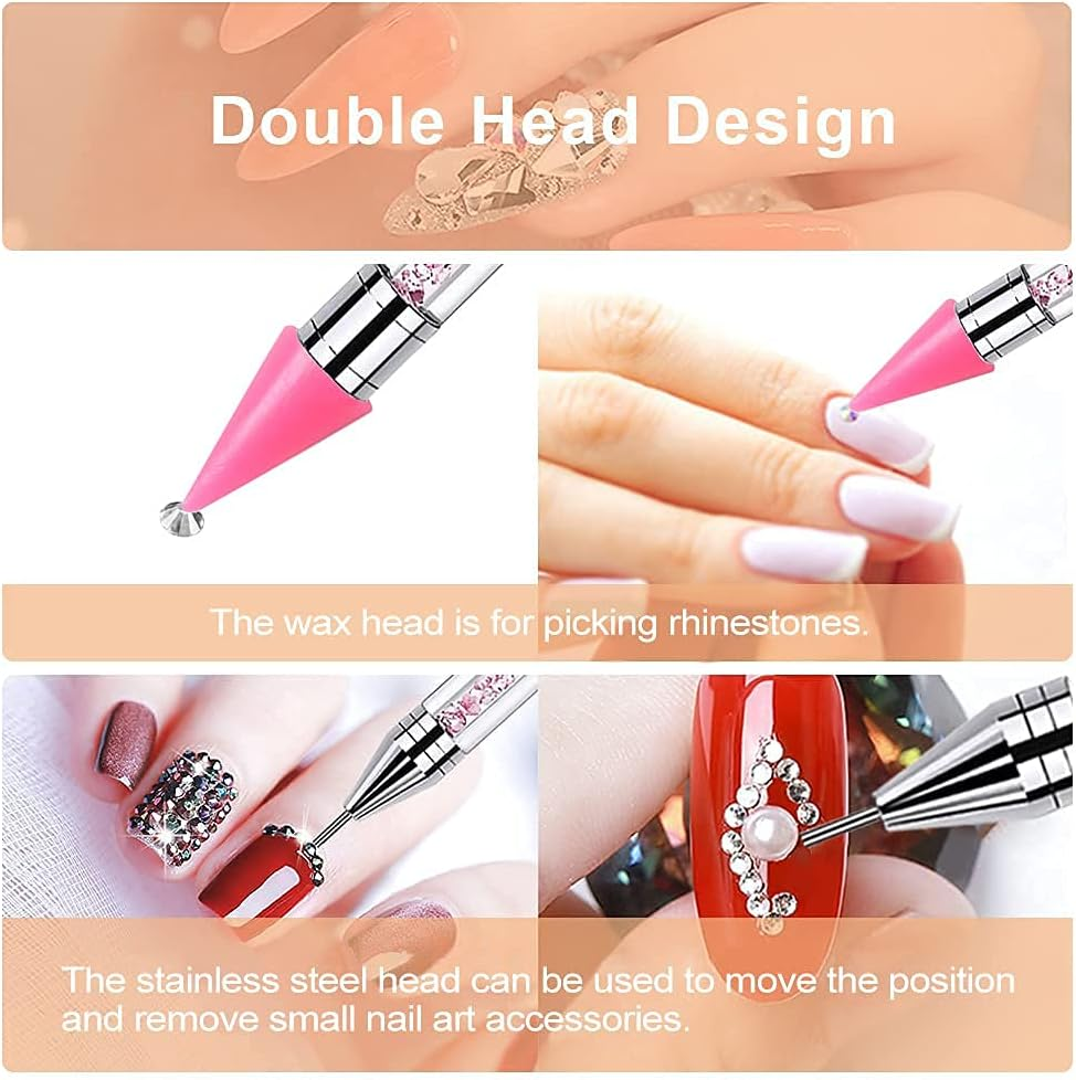 ANGNYA 2 Pack Rhinestone Picker Dotting Pen with 2 Replaceable Wax Tips and ​1X Tweezer, Dual-Ended Diamond Picker Tools for Nails,Wax Pencil for Rhinestone Stainless Steel Double Head(Pink Purple) image number 1