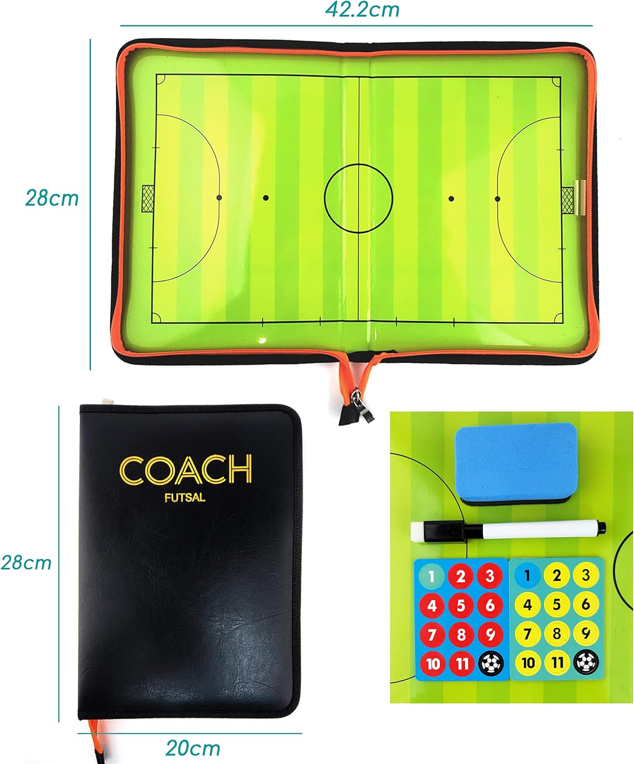 Foldable Futsal Coaching Board Set with Magnetic Number Pieces, Marker Pen, Marker Eraser, Indoor Football Five-A-Side Soccer Color Full Court Zipper Design Strategy Board Training Aid image number 6
