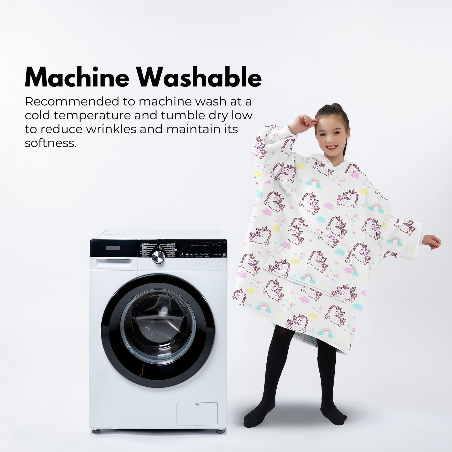 Gominimo Kids Hoodie Blanket, Warm, Cosy Double Layers, Large Pockets, One Size Fits All, Perfect for Indoor Lounging or Outdoor Adventures, Machine Washable, Unicorn White image number 5