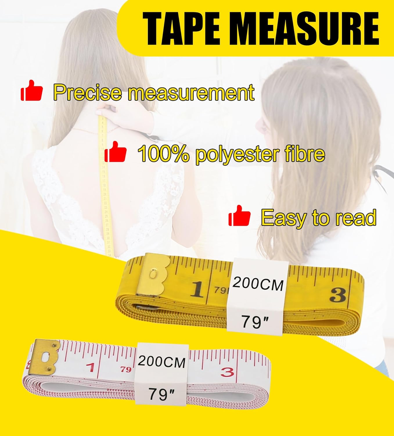 YBVABE 200Cm Measuring Tape for Body, 2PCS Double Scale 80In Soft Tape Measure Body Sewing Flexible for Weight Loss Medical Body Measurement Sewing Tailor Craft Vinyl, Has Inches Scale on Reverse Side image number 4