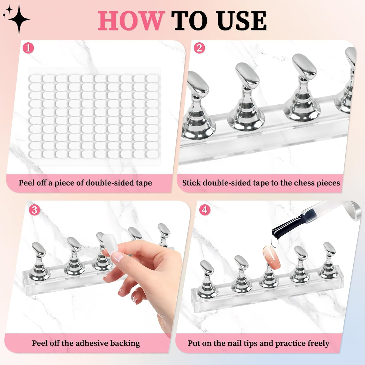 Koceci 4 Sets Nail Stand for Painting Nails and 200 PCS Reusable Adhesive Putty, Sliver Acrylic Nail Holder for Painting Nails, Press on Stand for Beginners, DIY Painting Use, Home and Salon Supplies image number 1