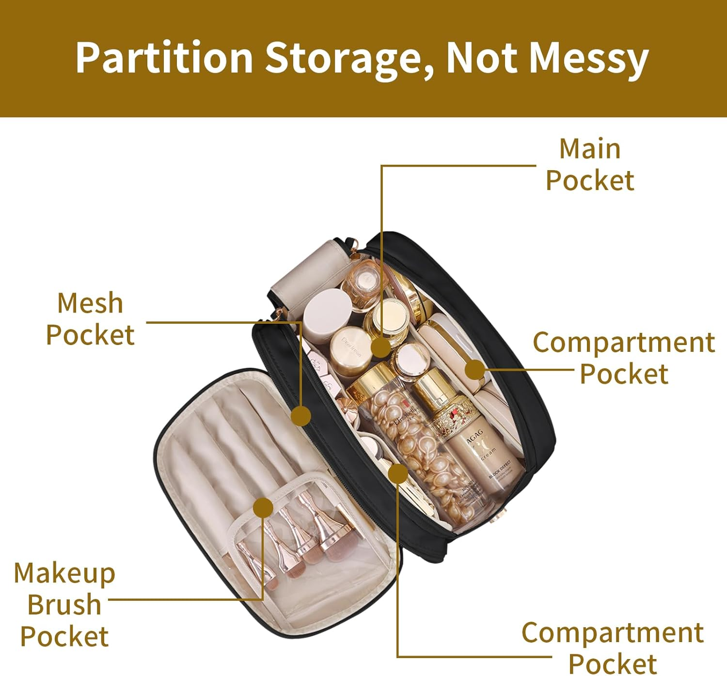 Ogetok Leather Makeup Bag for Women, Portable Travel Cosmetic Bags Zipper Make up Pouch for Ladies Woman, Large Toiletry Organizer Bag for Toiletries Cosmetics Accessories, Black