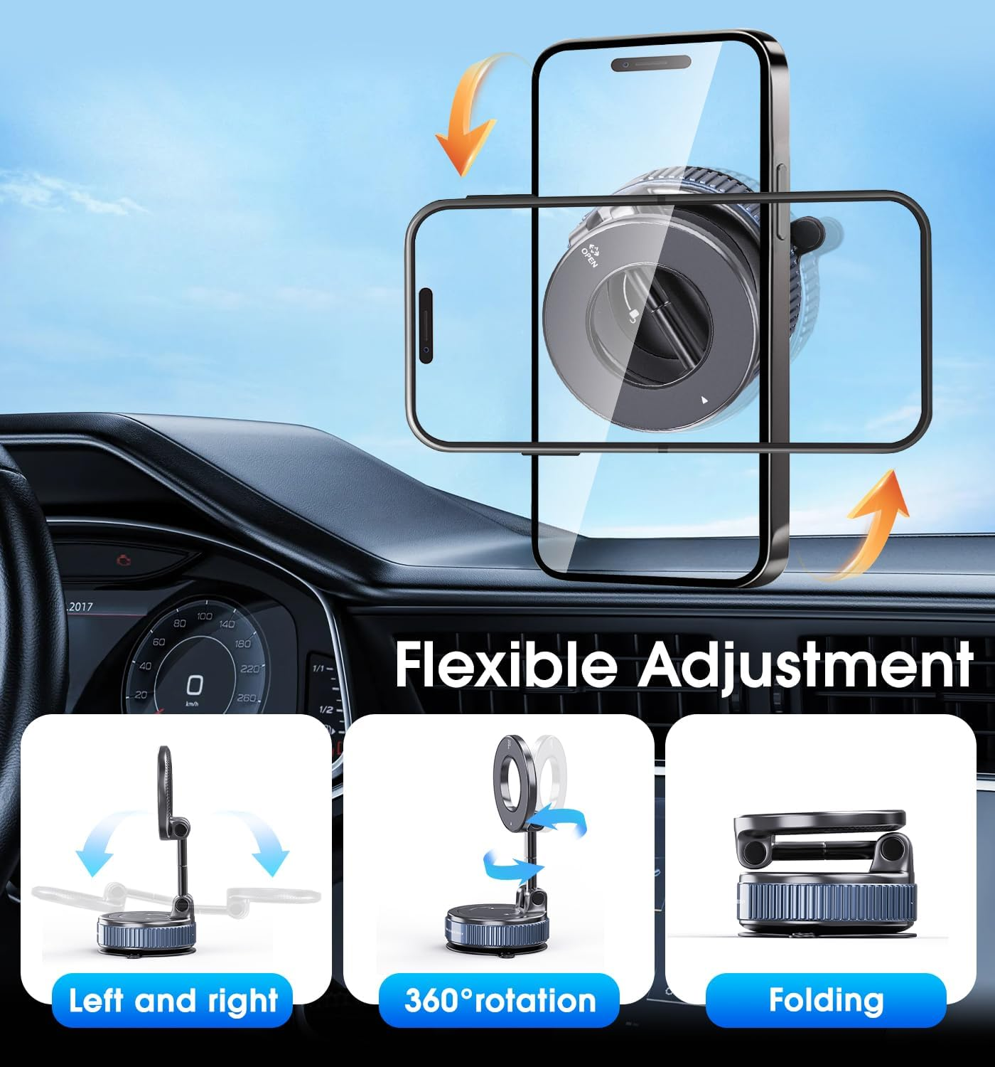 Car Phone Holder for Magsafe，360&deg; Foldable Magnetic Phone Holder with Strong Suction Cup Base, Compatible with Iphone 17/16/15/14 Series, Dashboard & Windshield Use image number 2