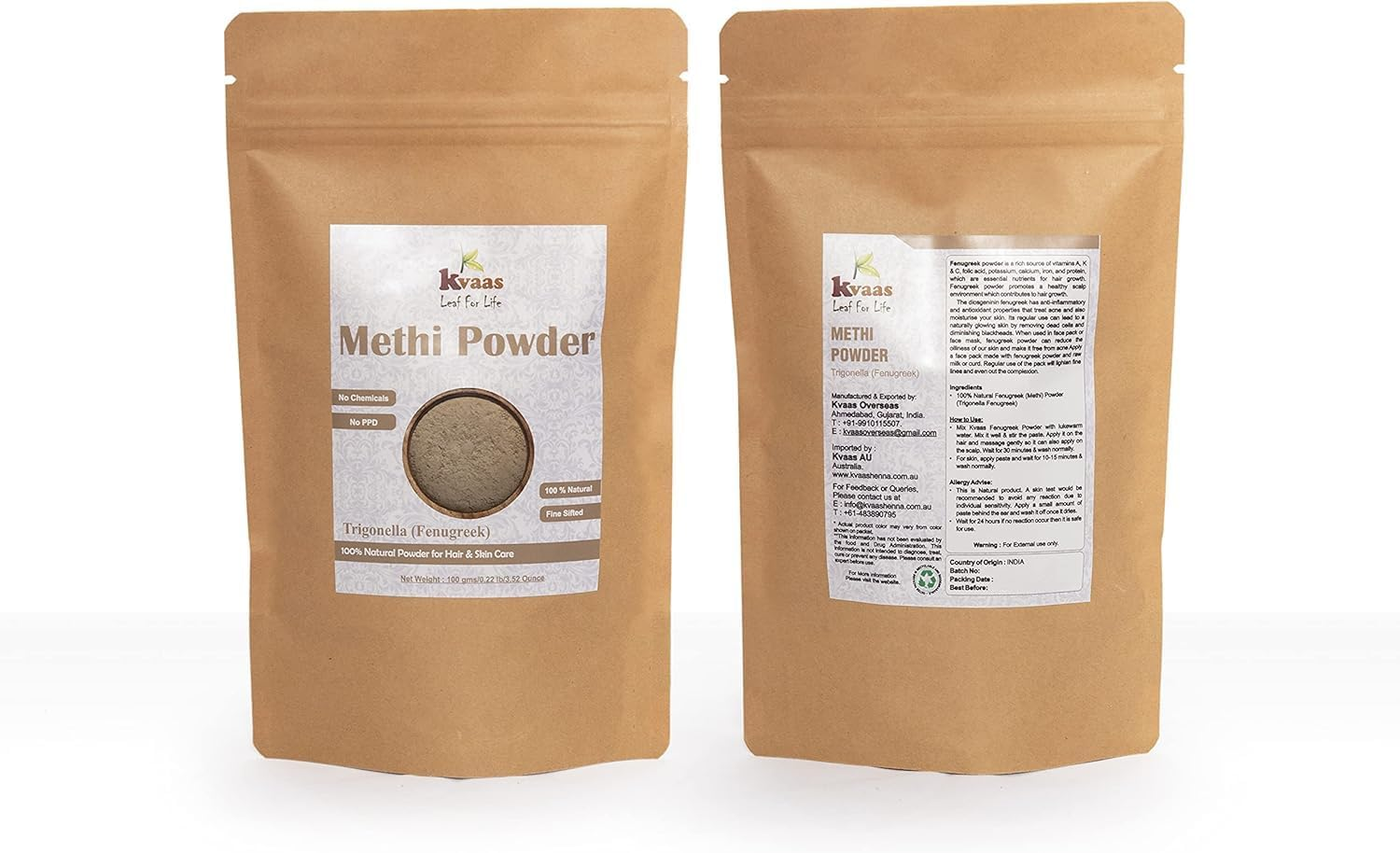 KVAAS - LEAF for LIFE Natural Fenugreek Powder | 3.53 Oz (100 G) | Trigonella/Methi | Pure Powder for Hair Care image number 1