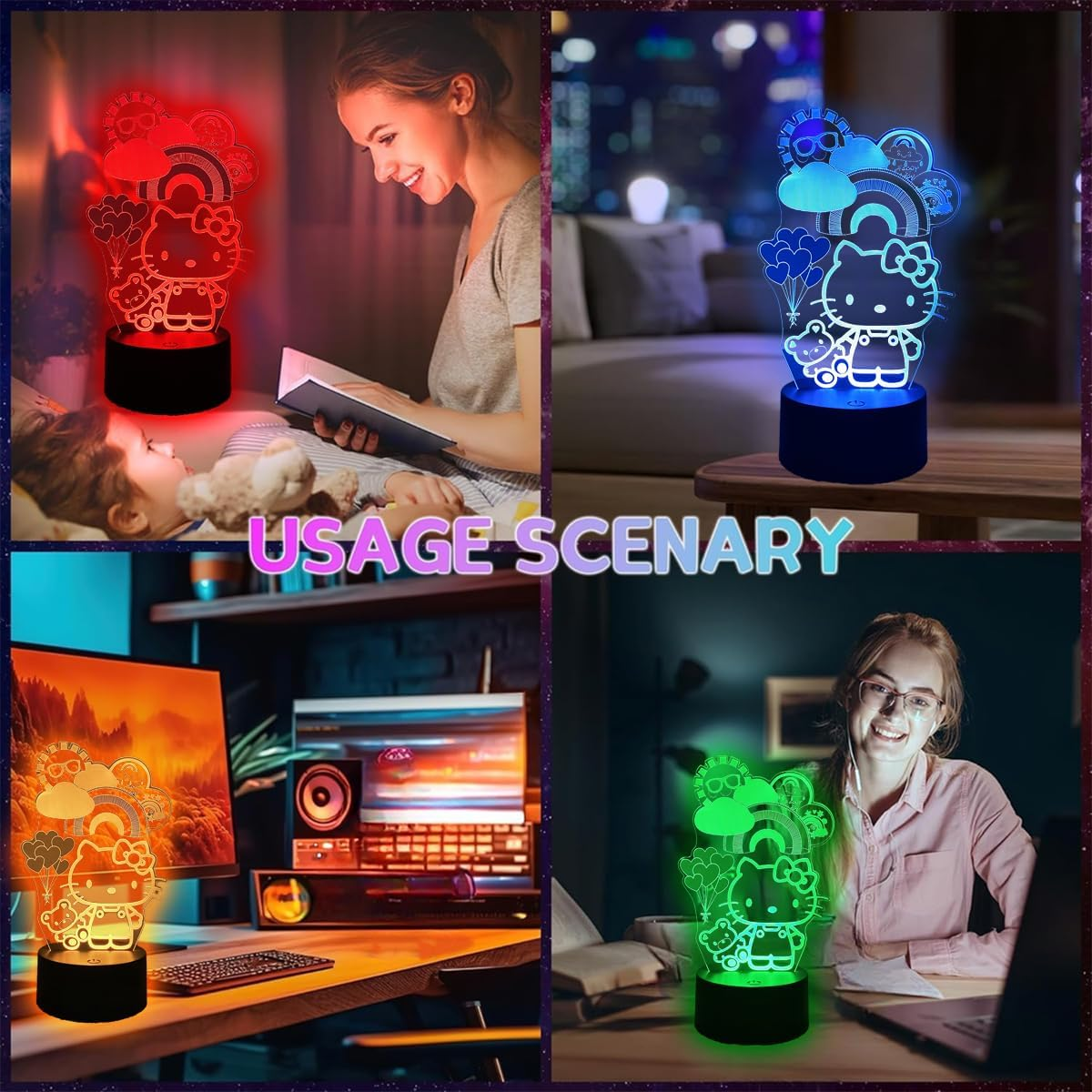 ANDYLV 3D Kitty Night Light, 3D Kitty Lamp, Stereoscopic Phantom Light, Intelligent Touch Control, 7 Colours, LED Bedside Table, Mood Light, Children'S Lamp, Birthday Gift for Boys and Girls - Black image number 7