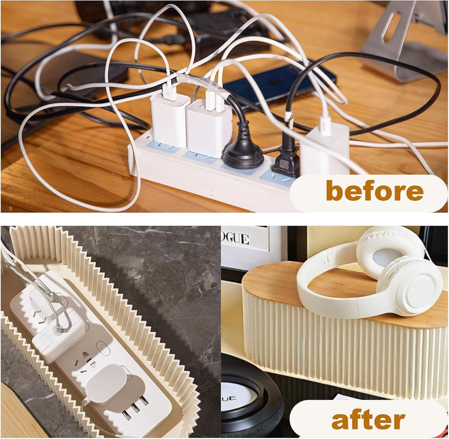 Loimon Bamboo Cable Box Organizer 33Cm | Cord Hider with Charging Hub Tray, Desk Cable Management Box for Office/Home | Hide Power Strips & Cords in Style image number 3