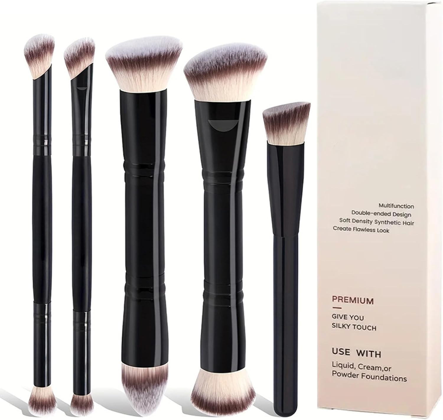 FLYTIN 5 Piece Double Head Makeup Brush Set - Foundation & Angled Concealer Brush for Flawless Base, Cream & Liquid Products, Professional Cosmetic Brushes for Perfect Blending (Gold)