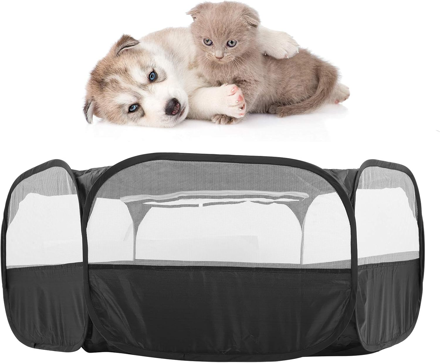 Small Animal Playpen, Portable Transparent Pet Playpen Cage Tent Waterproof Small Pet Cage Fence with Top Cover anti Escape for Outdoor Indoor Use (Little Pet Fence with Cover with Side Cloth-Black) image number 6