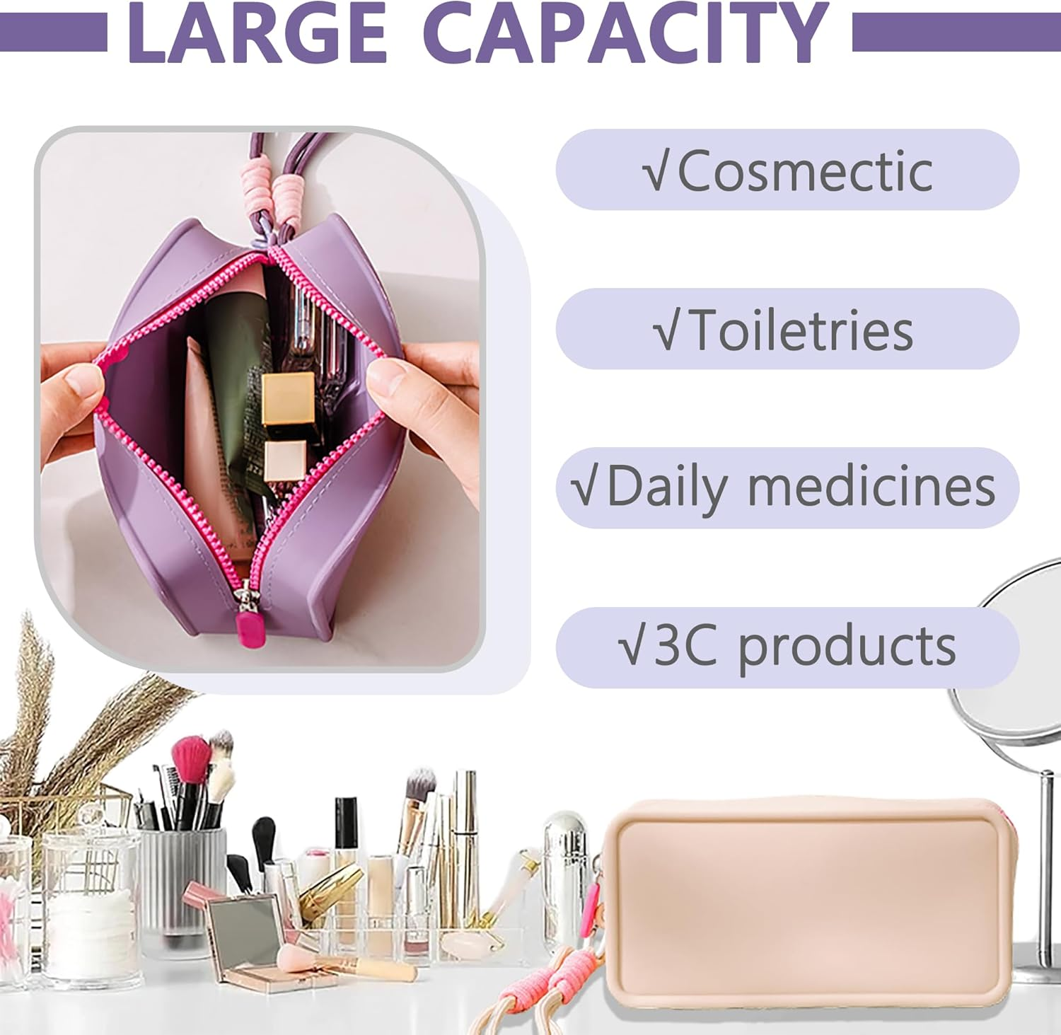 Macaron Style Silicone Travel Makeup/Cosmetic/Toiletry Bag-Waterproof Portable Organizer Pouch with Zipper/Braided Lanyard Keychain/Women Girls' Gym Wash Bag/Purse/Stores Makeup Brush & Nail Polish image number 2