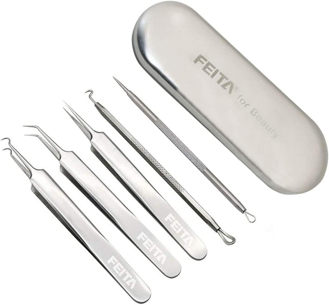 Blackhead Remover Kit - FEITA Blackhead Tweezers Removal Tool Kit Set - Acne Tweezers Pimple Comedone Extractor with Travel Case (5 Pcs) image number 5
