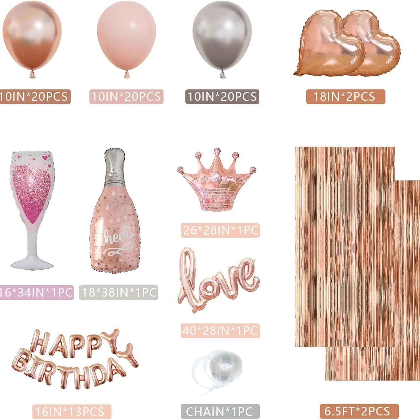 Rose Gold Birthday Decorations for Women, Girls Princess Happy Birthday Party Banner Pink Gold Bachelor Party Balloon with Fringe Curtain, Hearts, Wine Glasses, Crown , Love Aluminum Balloon
