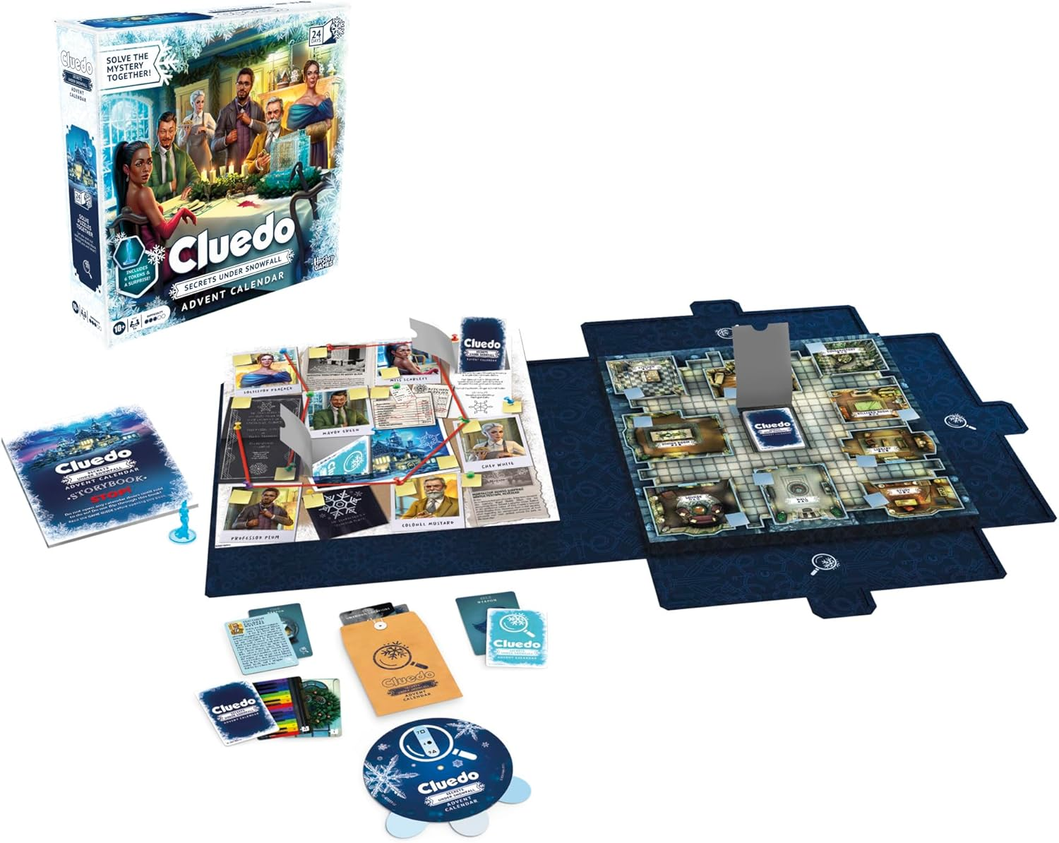 Clue Advent Calendar: Secrets under Snowfall | 24 Days | Family Mystery Games | with 6 Winter-Themed Tokens and Surprise | Ages 10+ | 1+ Players image number 2
