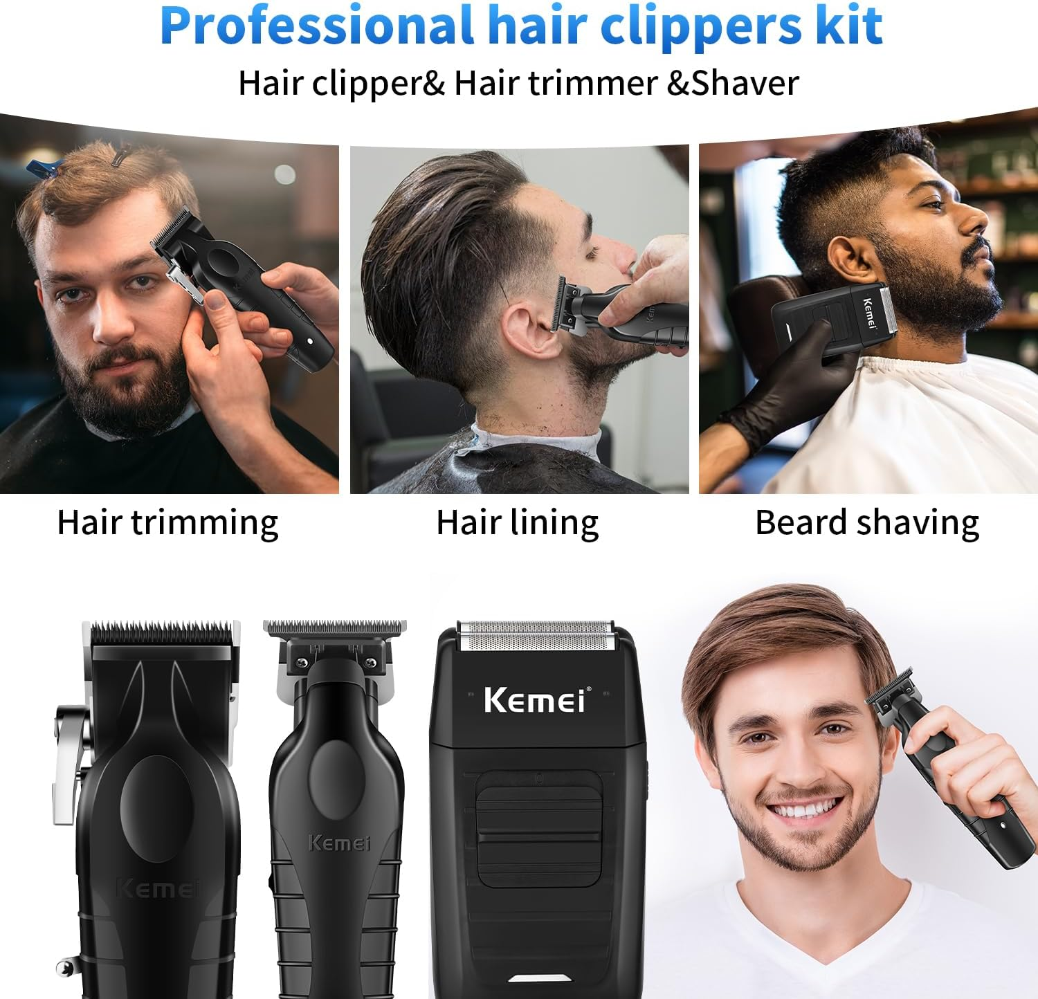 KEMEI Professional Hair Clipper, Hair Trimmer, Beard Shaver Set for Men, Electric Cordless Barber Clipper Beard Trimmer, Rechargeable Fade Clipper Haircutting Kit, KM-2299, KM-2296, KM-1102 image number 6