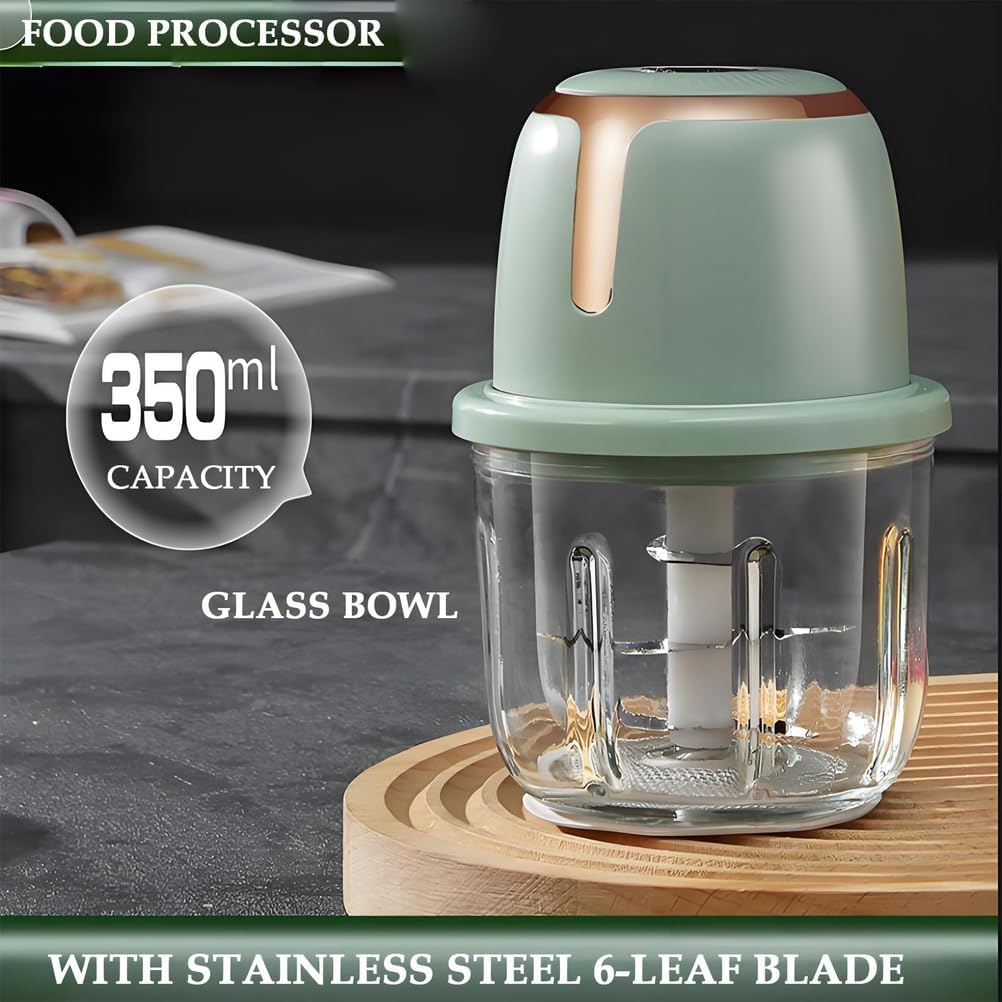NJDQFA Glass Food Processor, Electric Food Chopper, 350ML with USB Charging, Chicken Shredder, for Vegetables, Onion, Meat, Chili, Ginger, Fruits, Salad,Green
