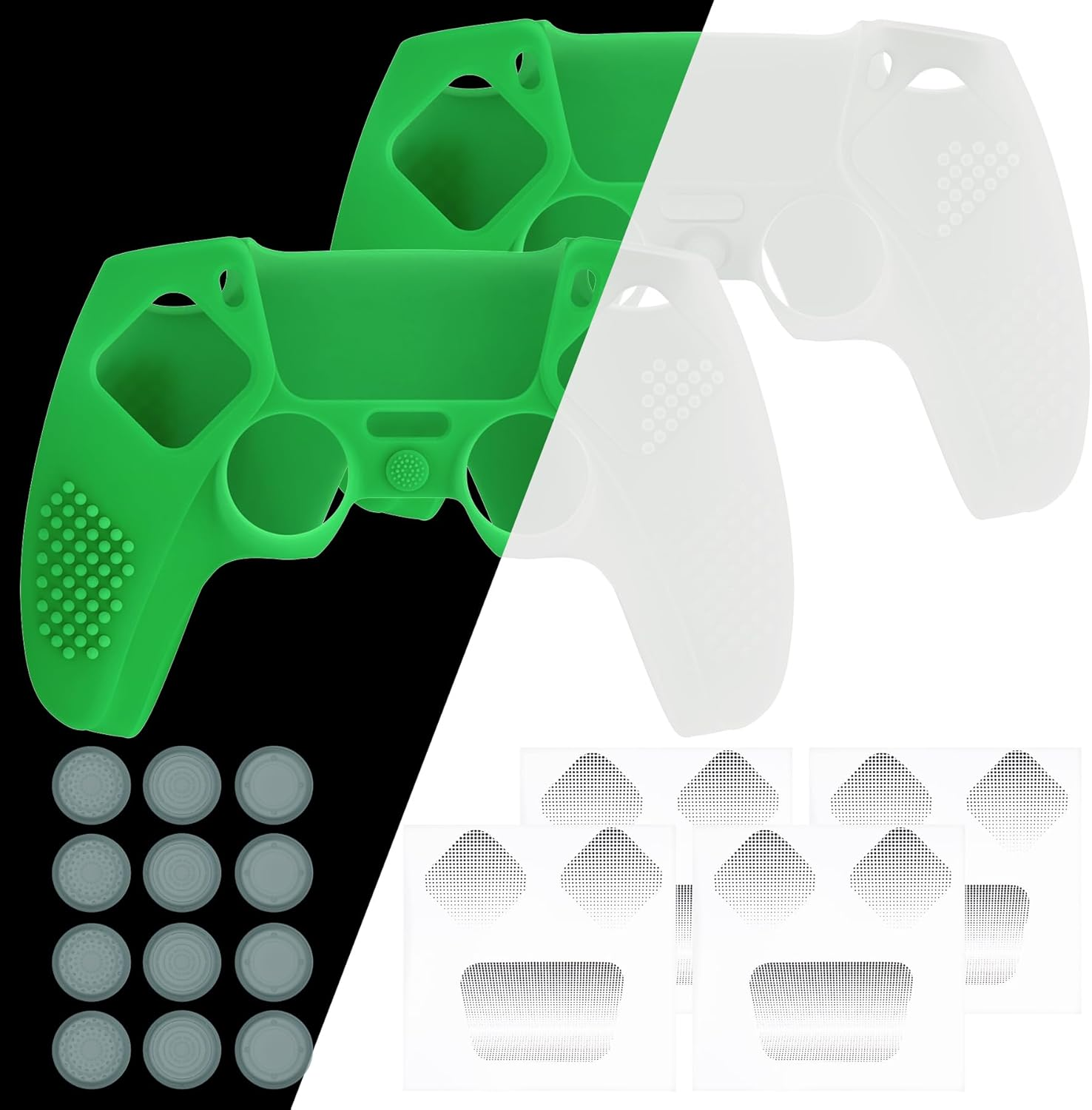 Playvital 2 Set Upgraded Silicone Cover Skin for Ps5 Controller with 12 Thumb Grips & 4 Stickers, Compatible with Charging Dock, 3D Studded Anti-Slip Shockproof Controller Grip, Glow in Dark - Green - 2 Set Black image number 4