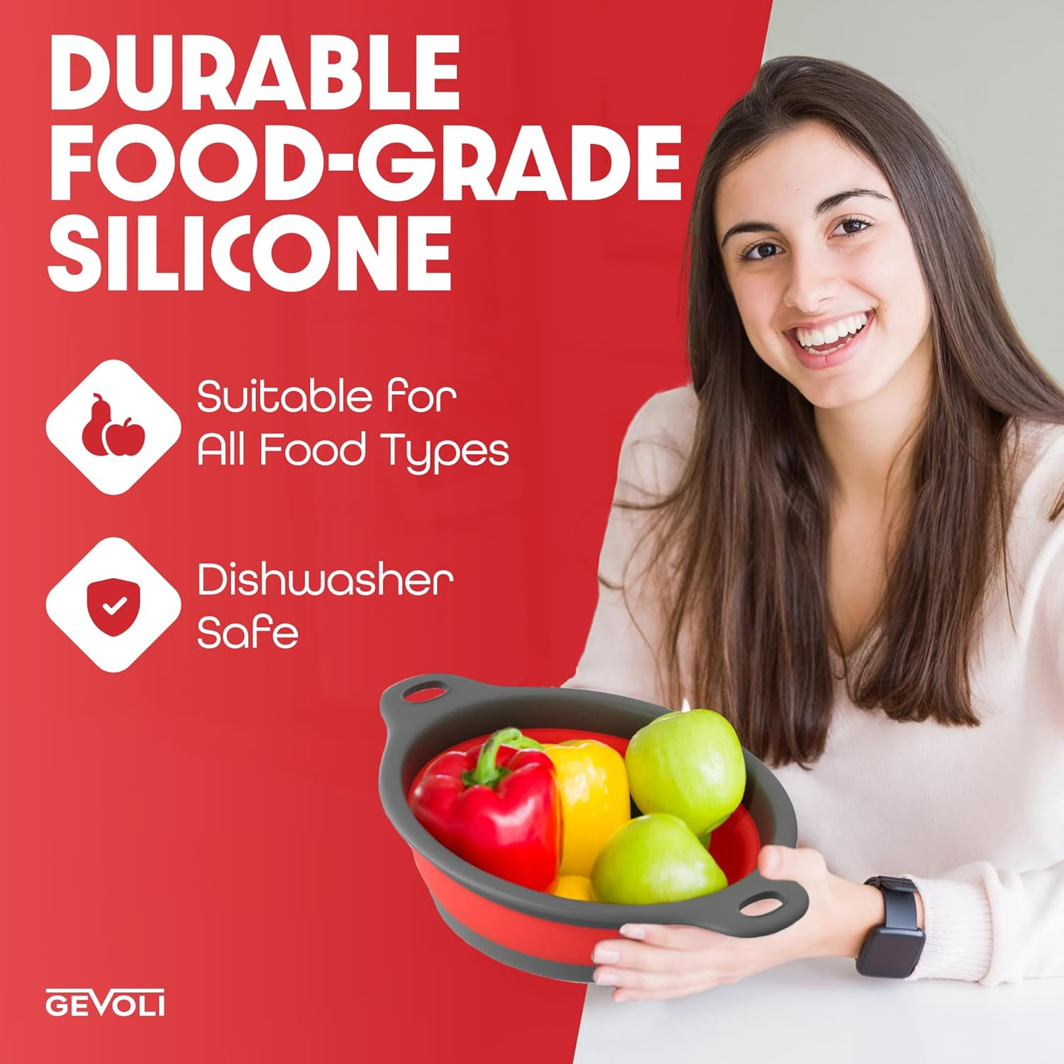 Collapsible Colander Food Strainer with Over-Sink Self Draining Base for Pasta Fruits and Vegetables, round Foldable Draining Basket Grey/Red image number 2