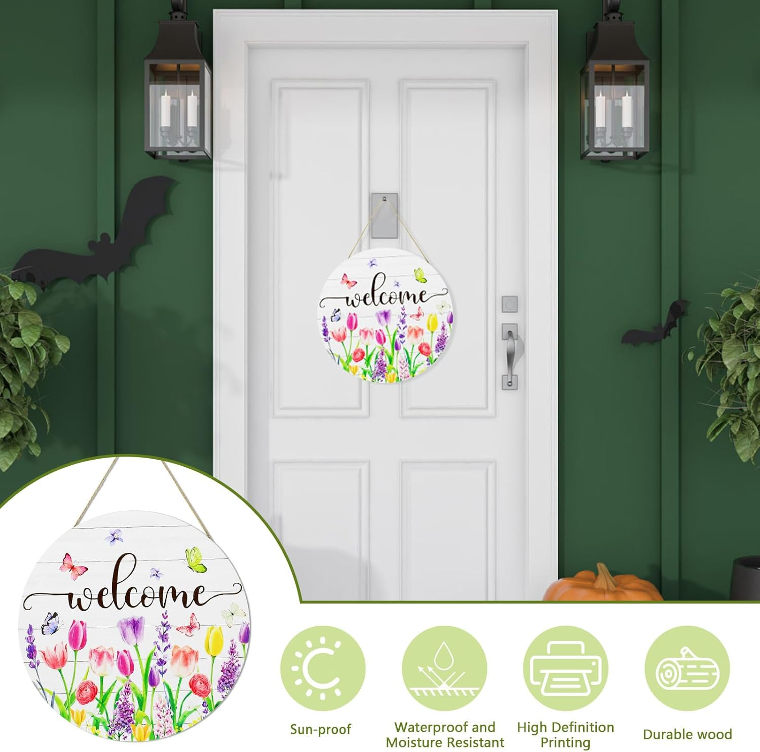 Huakaile Spring Tulip Welcome Sign for Front Door Decor, Pink Purple Floral Butterfly Welcome Door Sign, Seasonal Flower Wooden Door Hangers, Farmhouse Wreath Hanging Signs Decoration for Porch Yard - Purple image number 5