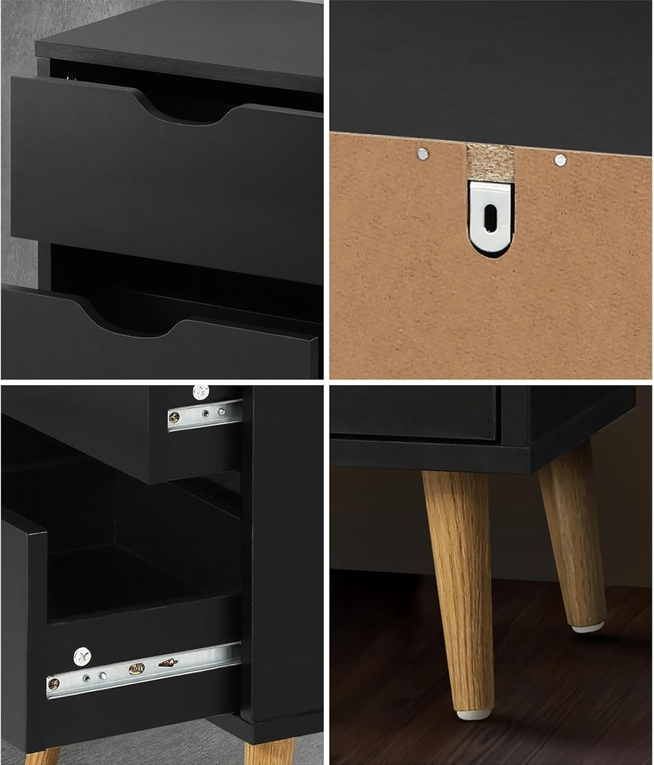 Oikiture Bedside Table with 2 Drawers, Wooden Side Table Nightstand Home Storage Furniture Black