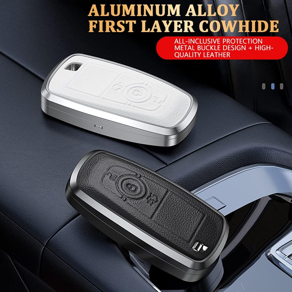 Ontto Alu Alloy Car Key Fob Cover Keyring Fit for Ford Fusion Mustang Explorer F150 F250 F350 Ranger Mondeo Leather Remote Key Case Key Holder Keychain Accessories 3 Buttons Black image number 1