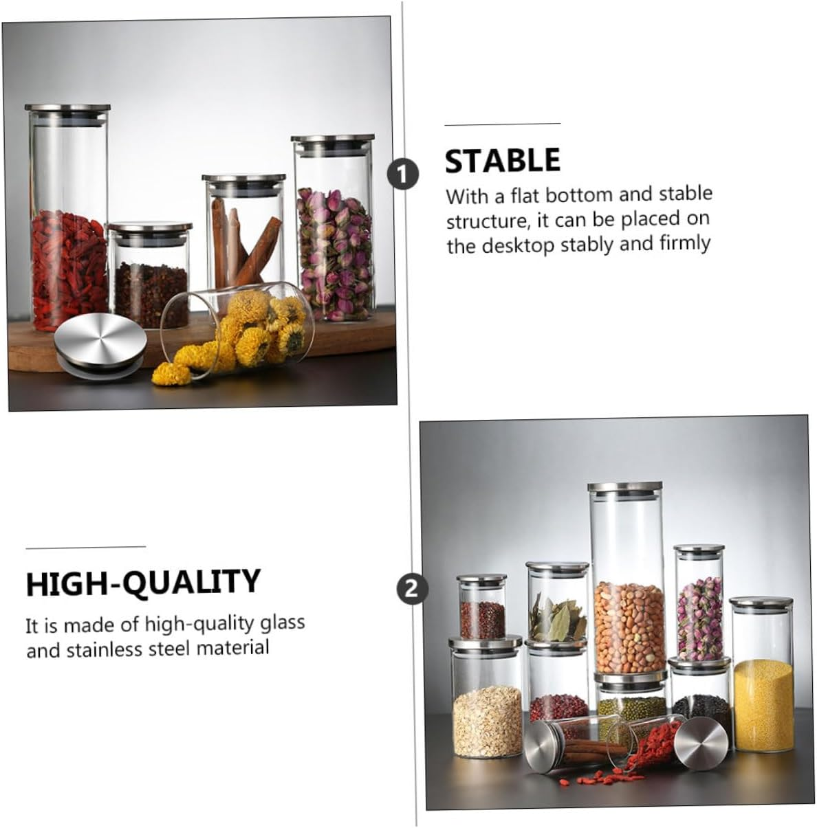 VINTORKY 2Pcs Food Storage Jar Stainless Steel Lid Airtight Kitchen Cereal Canister for Grains Dried Fruits and Snacks Practical Sealed Container for Home Organization