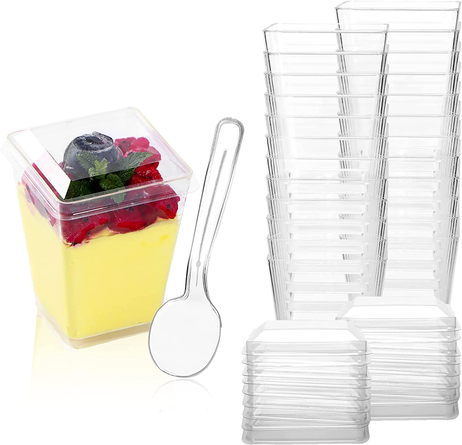 50 X 150Ml Dessert Cups with Lids & Spoons,Clear Plastic Square Cup - Small Reusable Serving Bowl for Tasting Party Shooters Desserts image number 1