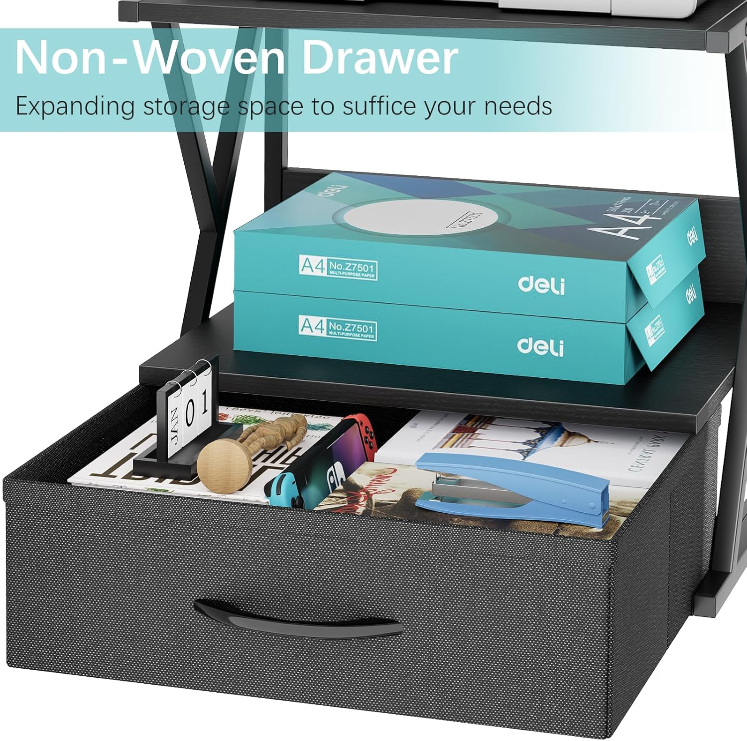 Aboxoo Printer Stand for Desk with Storage Drawer, 2 Tier Desktop or under Desk Shelf, Multi-Purpose Desk Organizer for Home Office, Fit Fax Machine/3D Printer/Scanner, Black image number 2