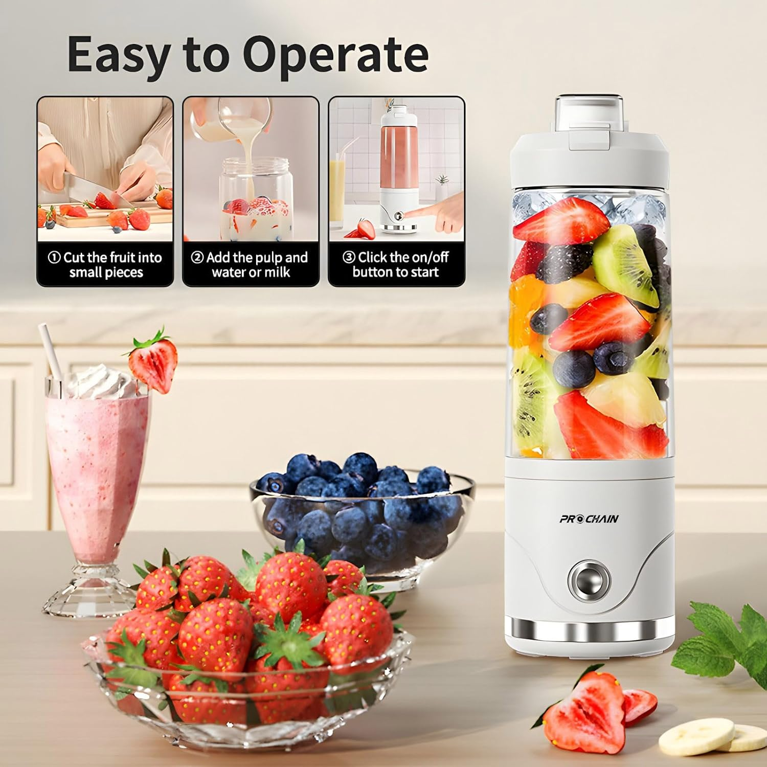 PROCHAIN Portable Blender, 22Oz Cordless Personal Blenders, Electric USB Rechargeable Juicer for Smoothies, Ice Crush, Travel, Protein Shakes Cup, Bpa-Free, Dishwasher Safe image number 4