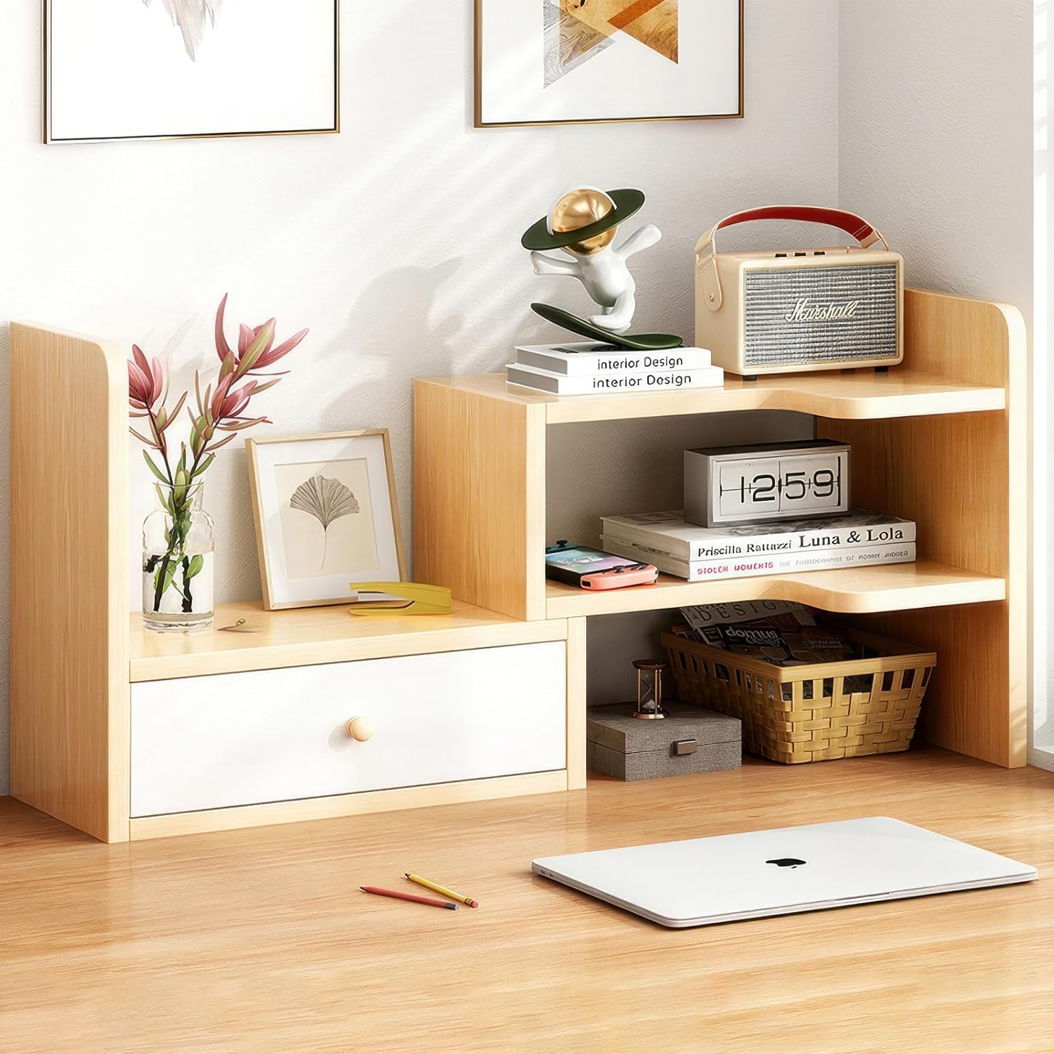 Joiena Desktop Bookshelf Desk Storage Organizer Adjustable Wood Bookcase Desktop Display Shelf Stand Rack with Cabinet Office Supplies (Wood)