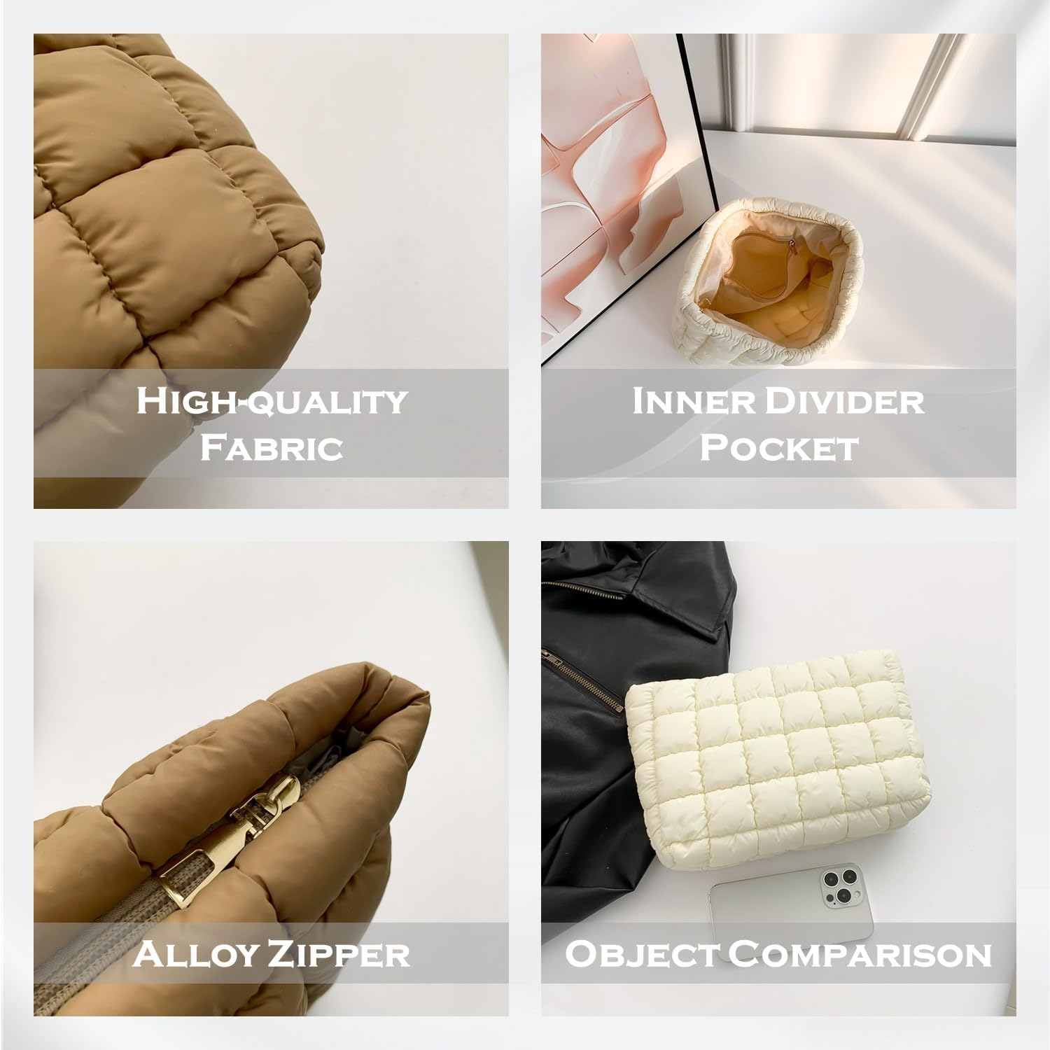 Puffy Quilted Makeup Bag, Travel Cosmetic Bag for Women, Toiletry Organizer Pouch, Clutch (Brown Leopard) - Blue image number 4