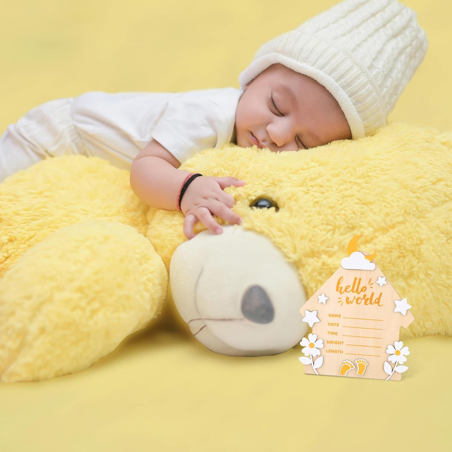 Newborn Birth Announcement Board, Large 7 Inch Hello World Newborn Sign for New Born Baby Welcome Wooden Baby Announcement Plaque Hospital Home Record Board for Baby Gift image number 5