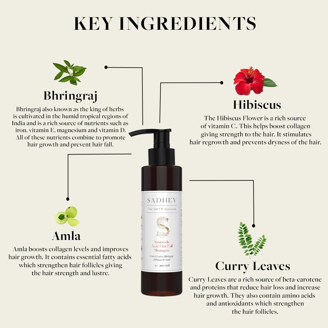 Sadhev Ayurvedic Anti-Hairfall Shampoo with Curry Leaves, Bhringraj, Hibiscus and Amla - 200 Ml (Pack of 1) image number 3