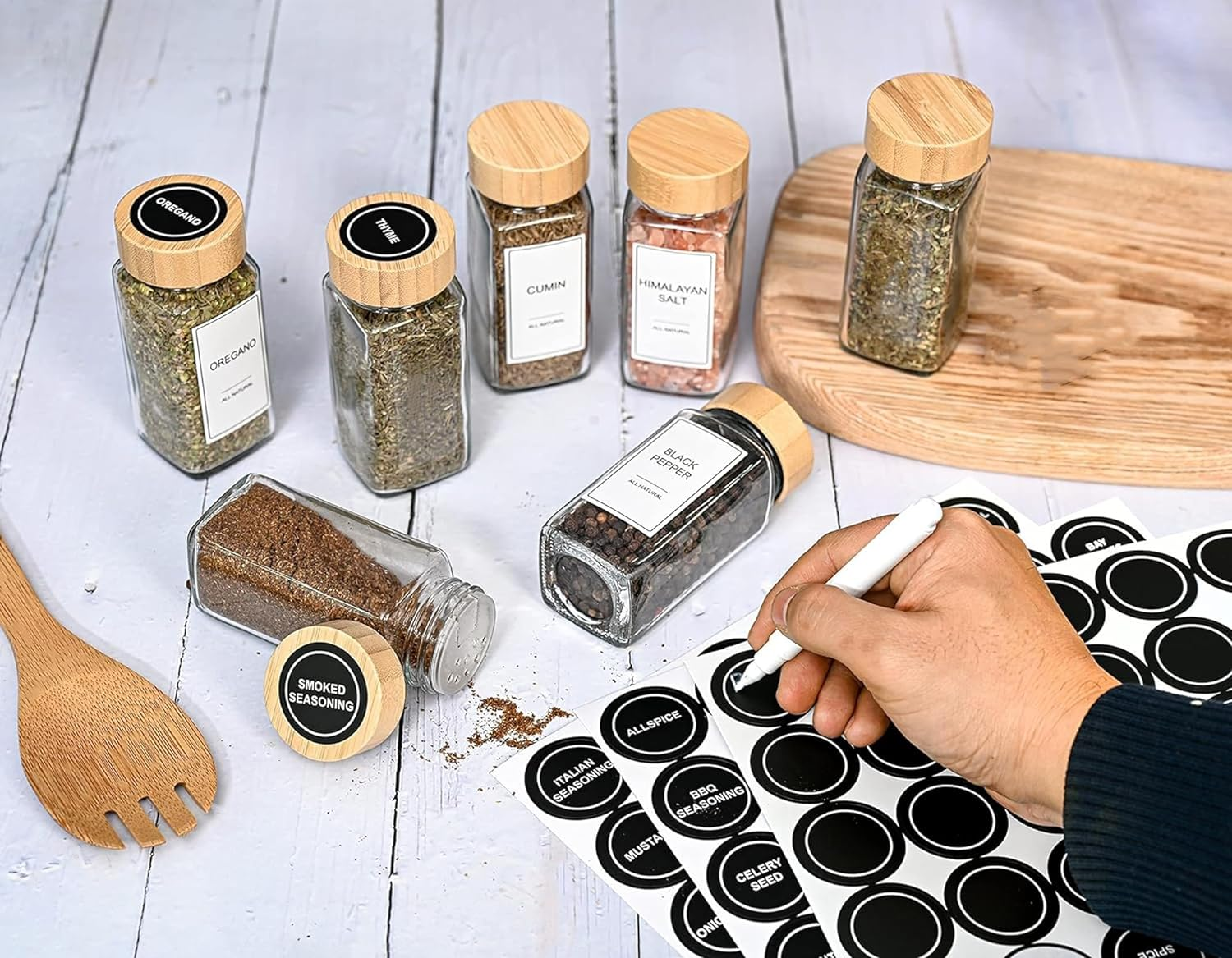24Pcs Glass Spice Jars with Bamboo Lids, Square Seasoning Containers Spices Organizer Small Items Storage, with Preprinted Spice Label, Funnel, Shaker, Mark Pen,Brush, 120Ml/4Oz. image number 4