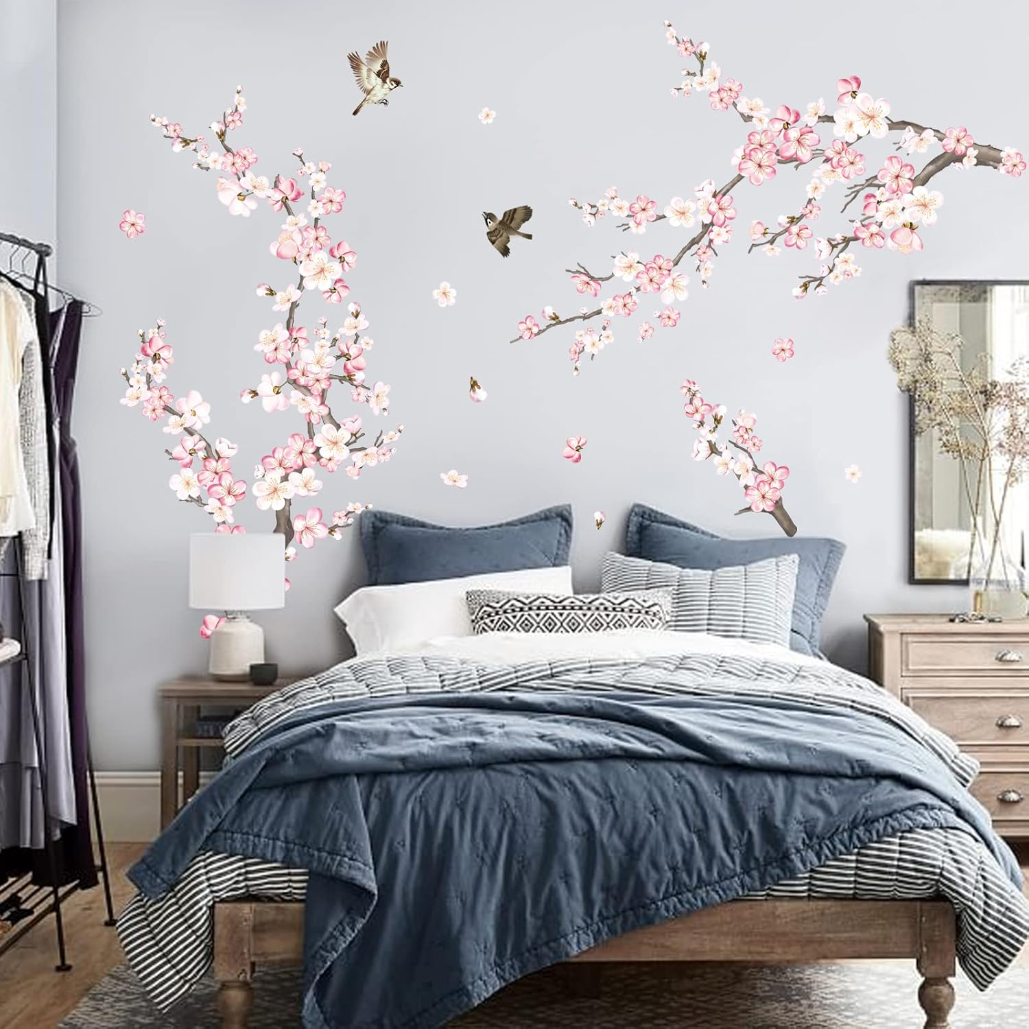 Wondever Cherry Blossom Wall Stickers Pink and White Flower Tree Branch Peel and Stick Wall Art Decals for Living Room Bedroom TV Wall