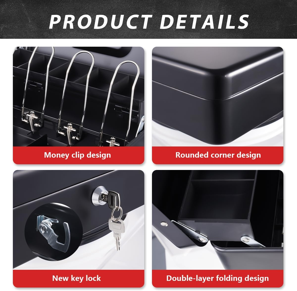 Cash Box with Keys and Security Lock, Large Money Box Cash Register,With 4 Trays for Bills and 5 Deposits for Coins, for Safe Cash Storage